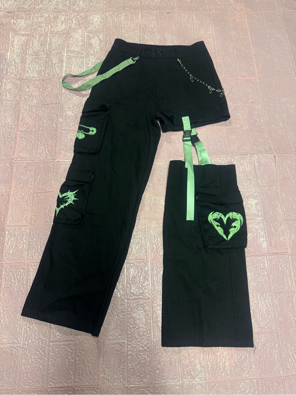 New S black neon green wide leg pants y2k cyber punk gothic rave emo cargo